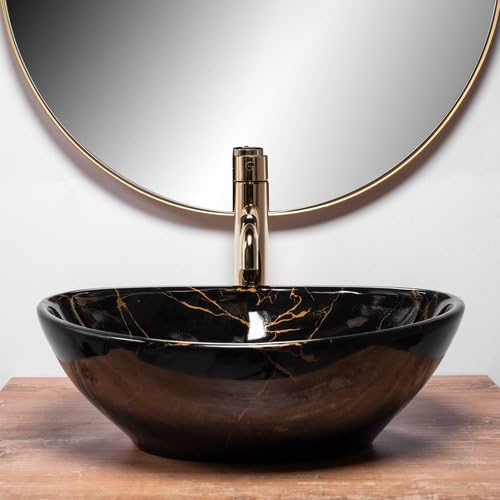 REMOTION Wash Basin Countertop Oval Shape Wash Basin For Bathroom Tabletop Ceramic Bathroom Sink 16 x 13 x 55 Inch Glossy Black Gold Wash Basin - Image 4