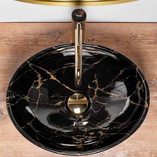 REMOTION Wash Basin Countertop Oval Shape Wash Basin For Bathroom Tabletop Ceramic Bathroom Sink 16 x 13 x 55 Inch Glossy Black Gold Wash Basin - Image 3