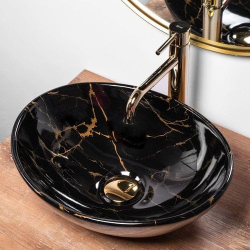 REMOTION Wash Basin Countertop Oval Shape Wash Basin For Bathroom Tabletop Ceramic Bathroom Sink 16 x 13 x 55 Inch Glossy Black Gold Wash Basin - Image 1