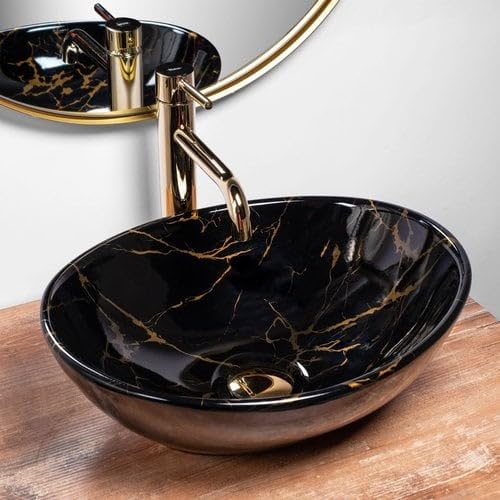 REMOTION Wash Basin Countertop Oval Shape Wash Basin For Bathroom Tabletop Ceramic Bathroom Sink 16 x 13 x 55 Inch Glossy Black Gold Wash Basin - Image 2