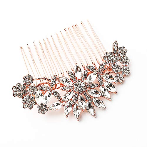 Hapibuy Rose Gold Clear Crystal Bridal Wedding Hair Comb Wedding Headpiece Hair Pins - Image 1