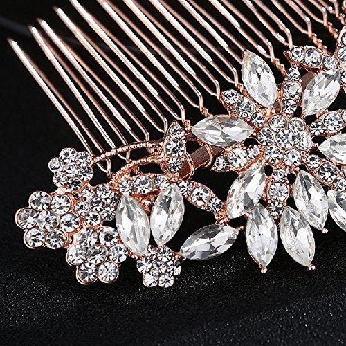 Hapibuy Rose Gold Clear Crystal Bridal Wedding Hair Comb Wedding Headpiece Hair Pins - Image 2