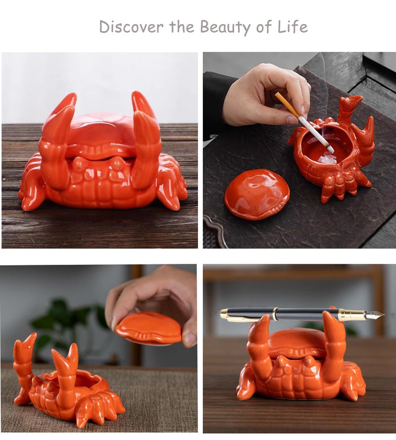 HEBYJO Ashtray with Lid, Windproof Tabletop Ceramic Cigarette Ash Tray for Outside or Inside, Crab Decor - Image 5
