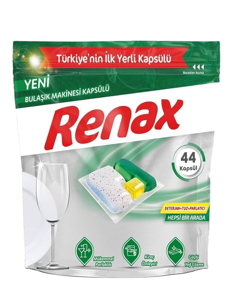 RENAX All-in-One Dishwasher Capsules 44 Pack – 3-in-1 Dishwasher Detergent Tablets with Built-in Salt & Rinse Aid – Anti-Limescale Hard Water Formula – Powerful Grease Removal – Made in Turkey – Family Value Size