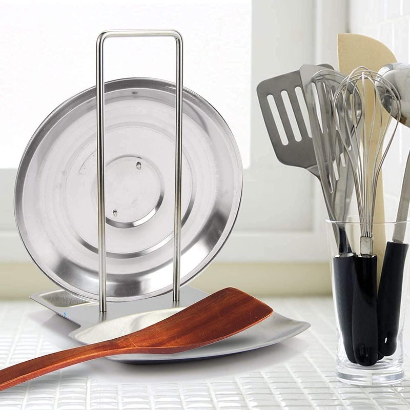 DASTAV Lid and Spoon RestPan Pot Cover Lid Rack Stand Organizer304 Stainless Steel Spoon Rest Stove Organizer Storage Utensils Lid Holder Spoon Holder Lid Rest for Spoon Storage Silver  - Image 3