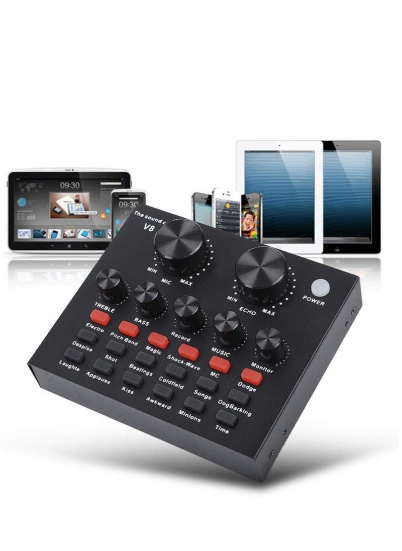 Excefore - V8-Live Sound Card, Audio Mixer with Sound Card, USB External V8 Karaoke Recording Mobile Audio Mixer, Suitable for Live Streaming, Podcast Recording, Gaming, K Songs, Voice Chatting - Image 1