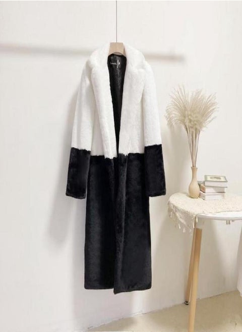 Women Contrast Color Mink Faux Fur Coat Turn Down Collar Winter Fur Lady Long Coat