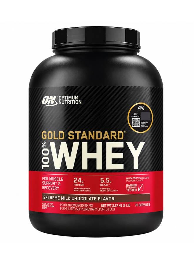 Optimum Nutrition Gold Standard 100% Whey Protein Powder Primary Source Isolate, 24 Grams of Protein for Muscle Support and Recovery - Extreme Milk Chocolate, 5 Lbs, 71 Servings (2.27 KG) - Image 1
