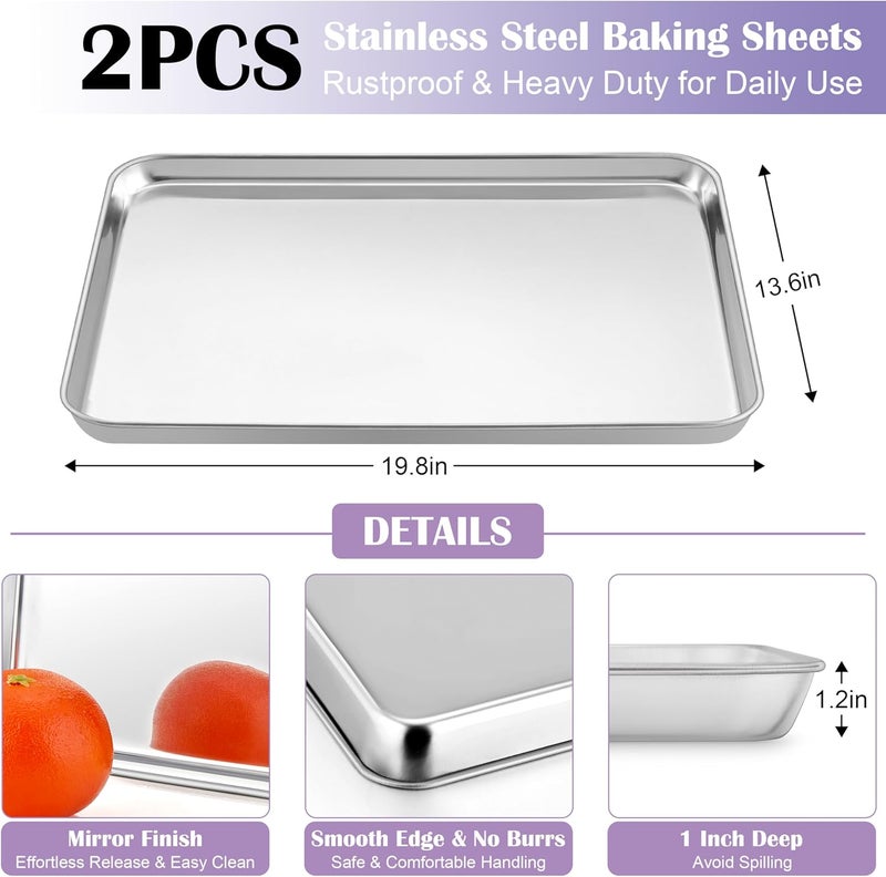E-far Large Baking Sheet with Wire Rack (2 Pans + 2 Racks), 20 x 14 Inch Stainless Steel Cookie Pans Tray & Cooling Rack for Baking, Non Toxic & Heavy Duty & Rust Free, Oven & Dishwasher Safe - Image 2