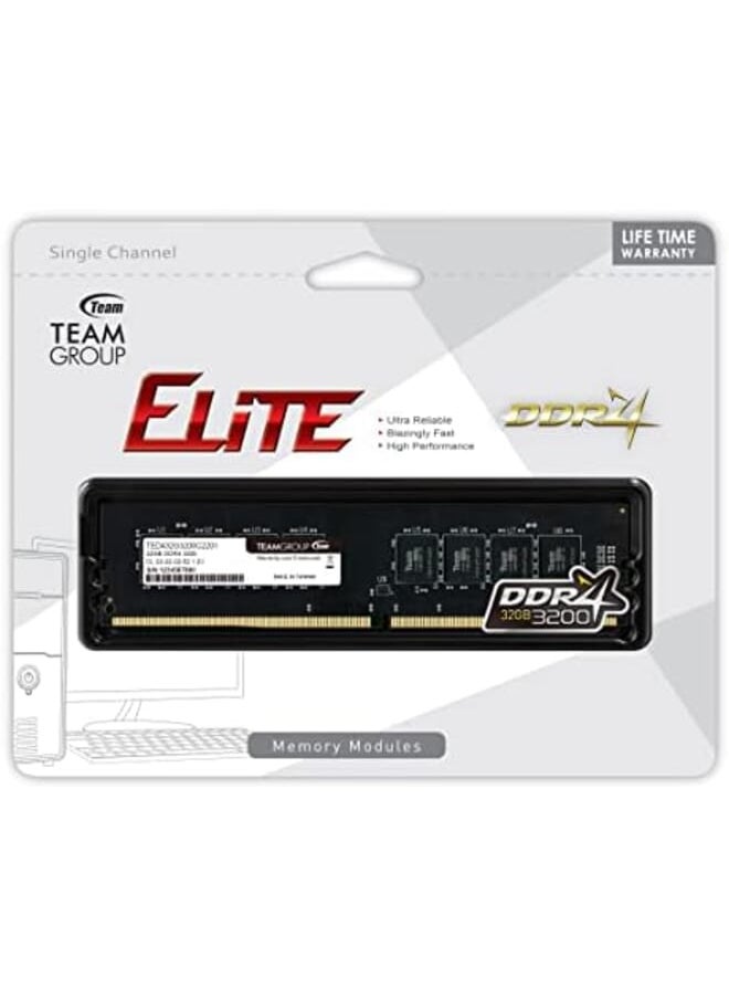 TeamGroup - Elite Ddr4 32Gb Single 1 X 32Gb 3200Mhz Pc4 25600 Cl22 Unbuffered Non Ecc 1.2V Udimm 288 Pin Pc Computer Desktop Memory Module Ram Upgrade Ted432G3200C2201 - Image 1