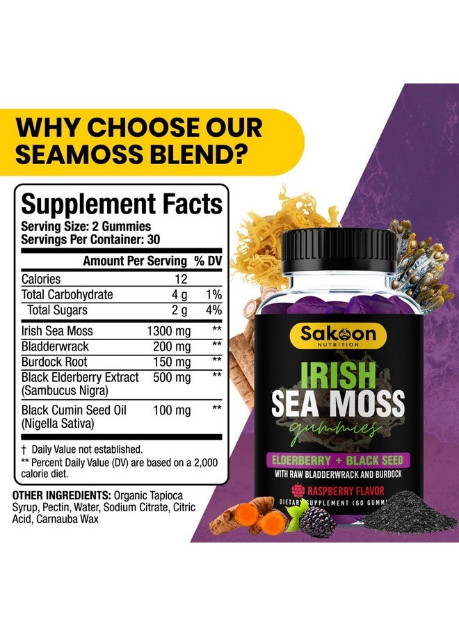 Sakoon nutrition Irish Sea Moss Gummies with Elderberry & Black Seed Oil - Overall Wellness Support | Rich in Vitamins, Raspberry Flavor | 60 Gummies - Image 3