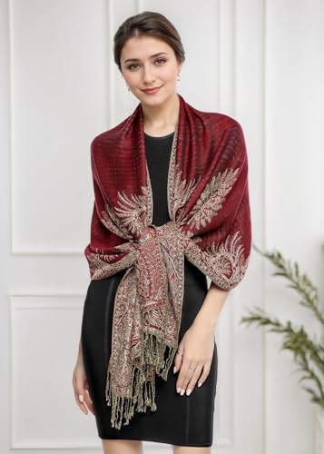 Achillea Soft Silky Reversible Paisley Pashmina Shawl Wrap Scarf w/Fringes (Big Paisley Burgundy) - Image 3