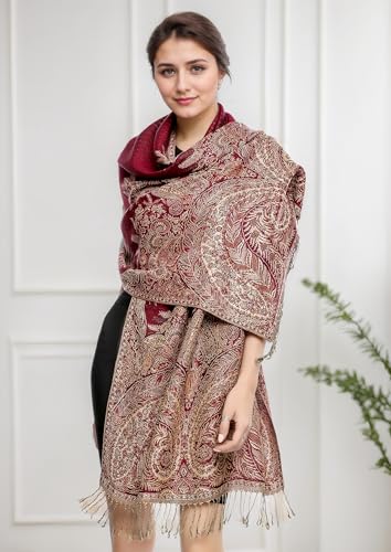 Achillea Soft Silky Reversible Paisley Pashmina Shawl Wrap Scarf w/Fringes (Big Paisley Burgundy) - Image 2