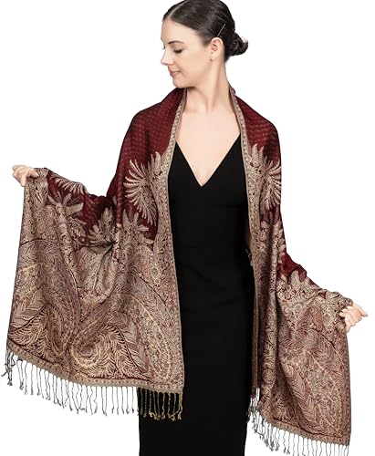 Achillea Soft Silky Reversible Paisley Pashmina Shawl Wrap Scarf w/Fringes (Big Paisley Burgundy) - Image 1