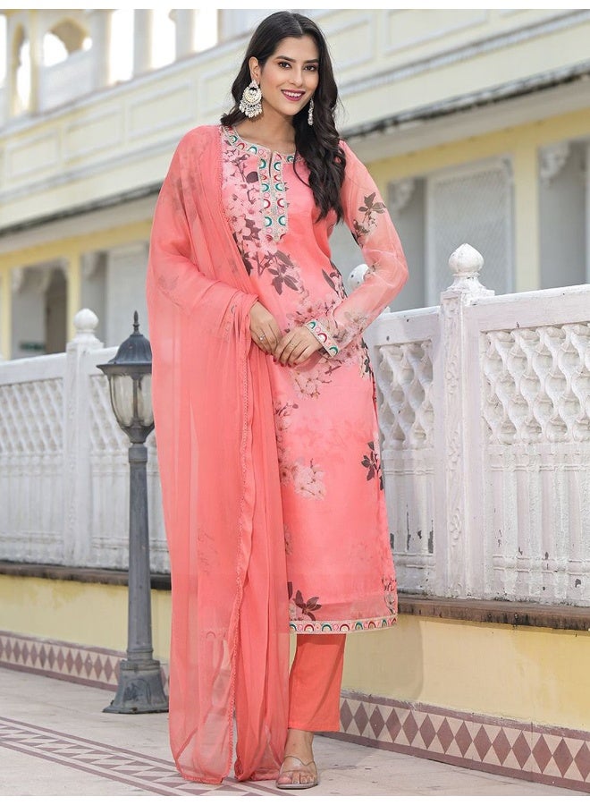 AKS AKS Couture Women Floral Printed Regular Thread Work Kurta with Trousers & With Dupatta  - Image 1