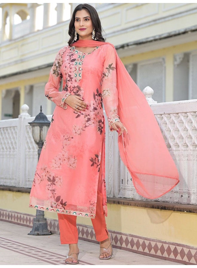 AKS AKS Couture Women Floral Printed Regular Thread Work Kurta with Trousers & With Dupatta  - Image 5