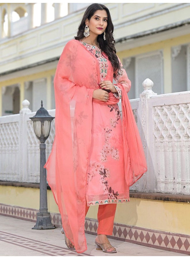 AKS AKS Couture Women Floral Printed Regular Thread Work Kurta with Trousers & With Dupatta  - Image 3