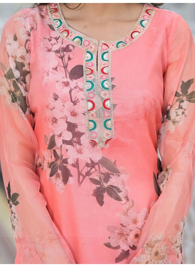 AKS AKS Couture Women Floral Printed Regular Thread Work Kurta with Trousers & With Dupatta  - Image 2