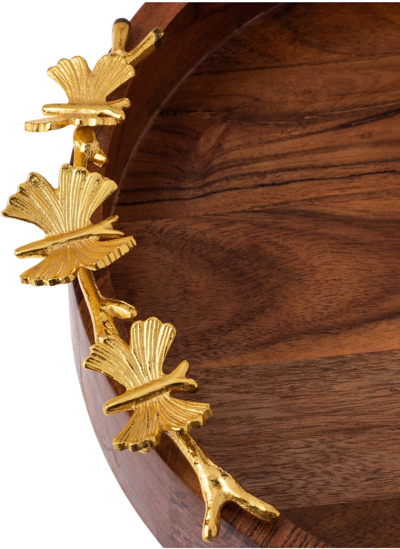 Dania - Round serving dish made of beech wood with multi-use golden butterfly decor - Image 1