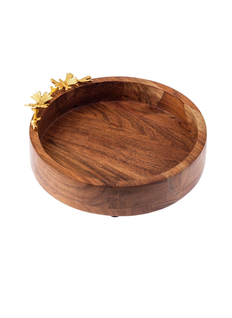 Dania - Round serving dish made of beech wood with multi-use golden butterfly decor - Image 1