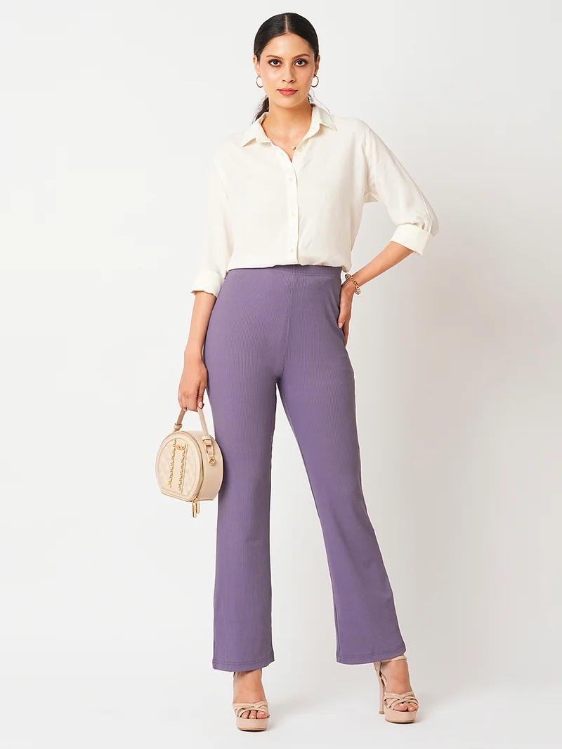 globus Women Lavender Self Design Mid-Rise Slim Fit Bootcut Stretchable Treggings
