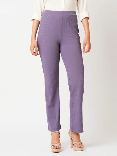 globus Women Lavender Self Design Mid-Rise Slim Fit Bootcut Stretchable Treggings