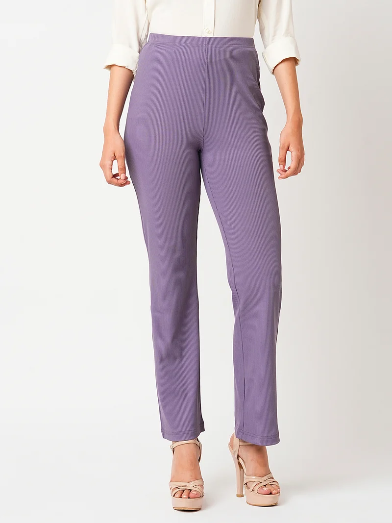 globus Women Lavender Self Design Mid-Rise Slim Fit Bootcut Stretchable Treggings