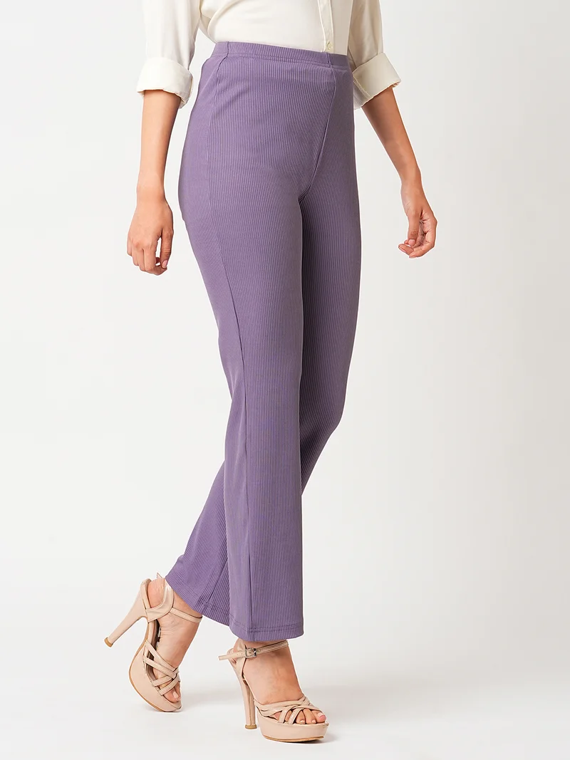 globus Women Lavender Self Design Mid-Rise Slim Fit Bootcut Stretchable Treggings