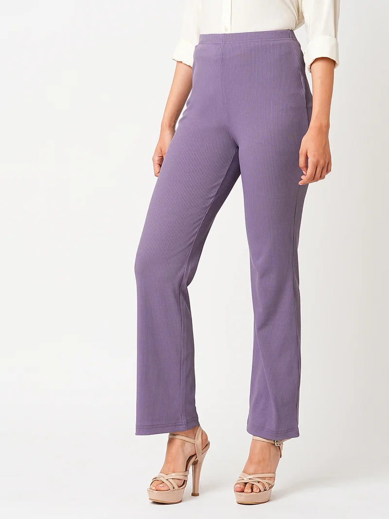 globus Women Lavender Self Design Mid-Rise Slim Fit Bootcut Stretchable Treggings