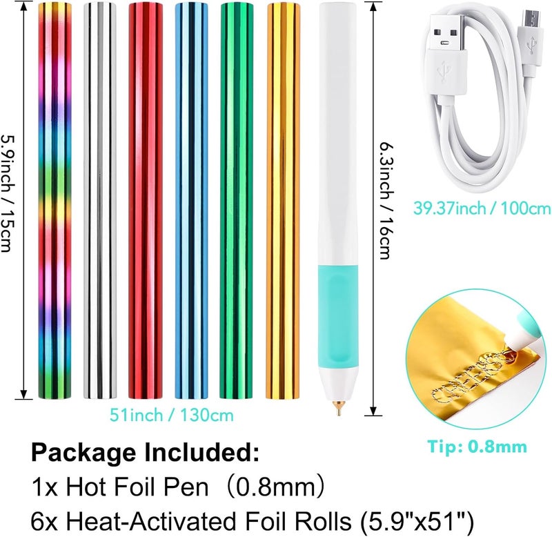 CYFUN DESIGN Hot Foil Roll & Hot Heated Foil Pens Set,Foil Quill Starter USB Heat Foil Pen for Scrapbooking Tool Kits Gold Hot Foil Roll for Card Making Craft Scrapbooking Drawing Pen with USB Cable DC5V - Image 2