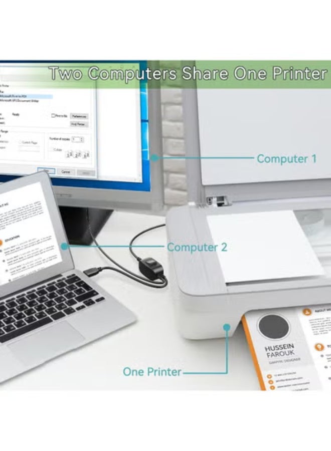 شابية موزع كابل الطابعة لجهازين كمبيوتر موزع USB 1 في 2 مخرج USB-B كابل مشاركة مع مفتاح للطابعات بدون حبر، والماسحات الضوئية، وسامسونج، وماك بوك، وإتش بي، وكانون، وبراذر، والمزيد (5 أقدام) - Image 2