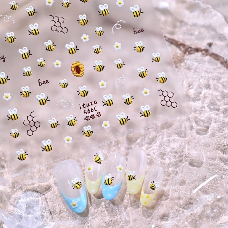 Sevgob Flower Animal Prints Nail Stickers Cute Bees Nail Decals Floral Insect Nail Designs White Daisy Self Adhesive Spring Summer Nail Art Stickers for Women Girls DIY Manicure 1 Sheet - Image 3