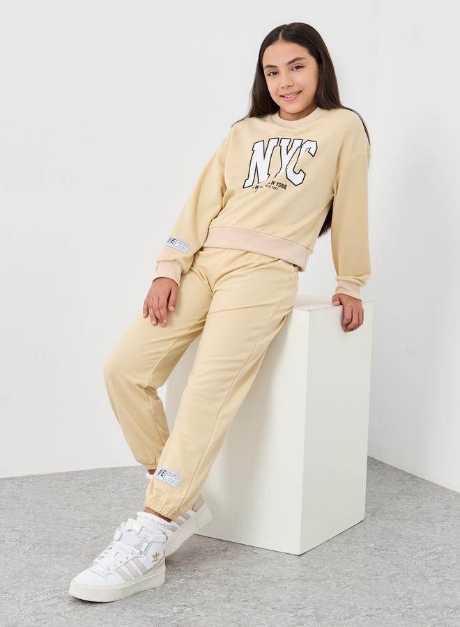 Styli Teen Beige NYC Print Sweatshirt and Joggers Set - Image 1