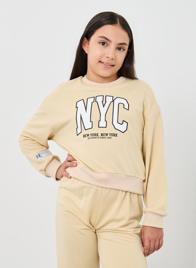 Styli Teen Beige NYC Print Sweatshirt and Joggers Set - Image 2