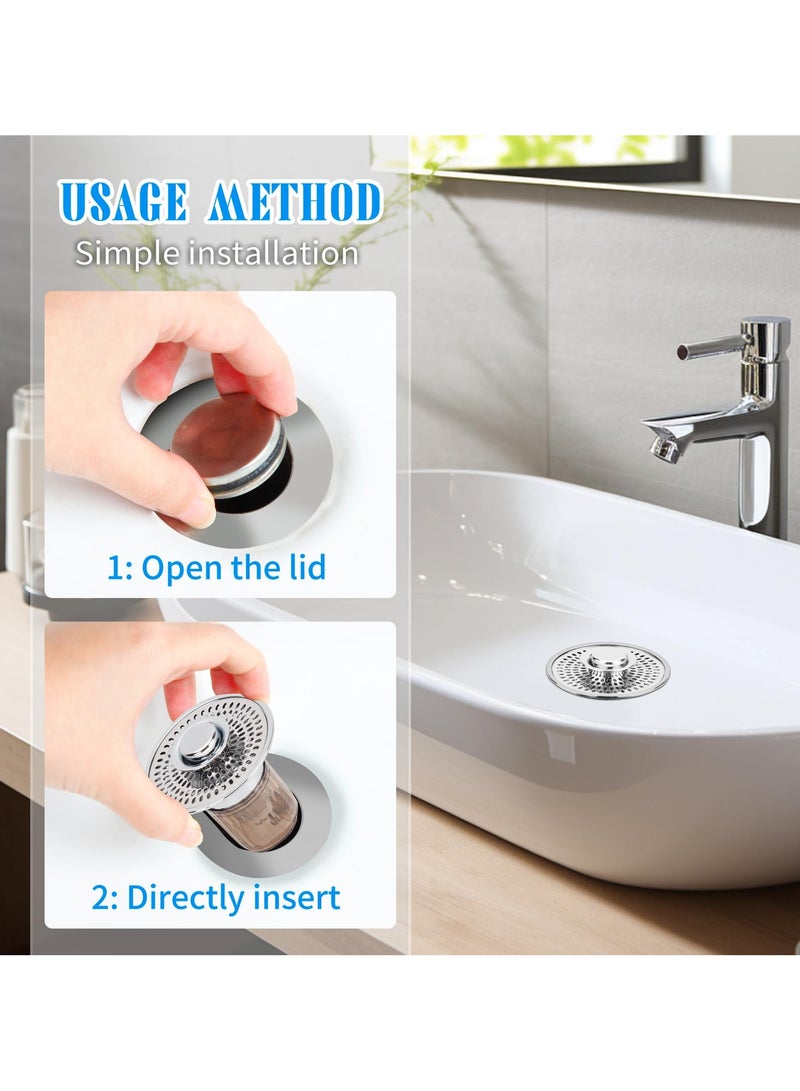 SYOSI Press Type Sink Stopper, Bathroom Sink Stopper and Sink Drain Strainer 2 in 1 Catches Hair and Debris Suitable for 1.34-1.46'' Drainage Holes, Easy to Install Say Goodbye to Clogged Drain (Silver) - Image 2