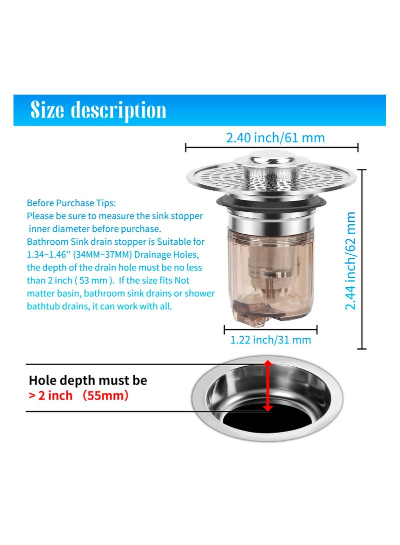 SYOSI Press Type Sink Stopper, Bathroom Sink Stopper and Sink Drain Strainer 2 in 1 Catches Hair and Debris Suitable for 1.34-1.46'' Drainage Holes, Easy to Install Say Goodbye to Clogged Drain (Silver) - Image 3