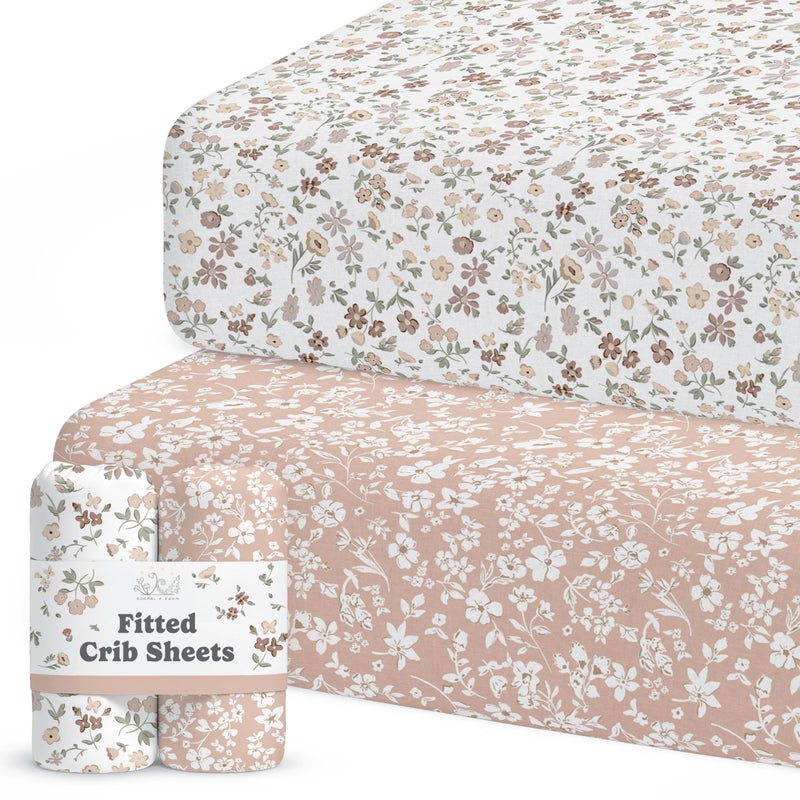 Sorrel + Fern Crib Sheets Neutral - Fitted Baby Crib Sheets Bed for Girl Boy - 2 Pack Standard & Toddler Mattress - Buttery Soft Organic Cotton Blend (Fleurette) - Image 1