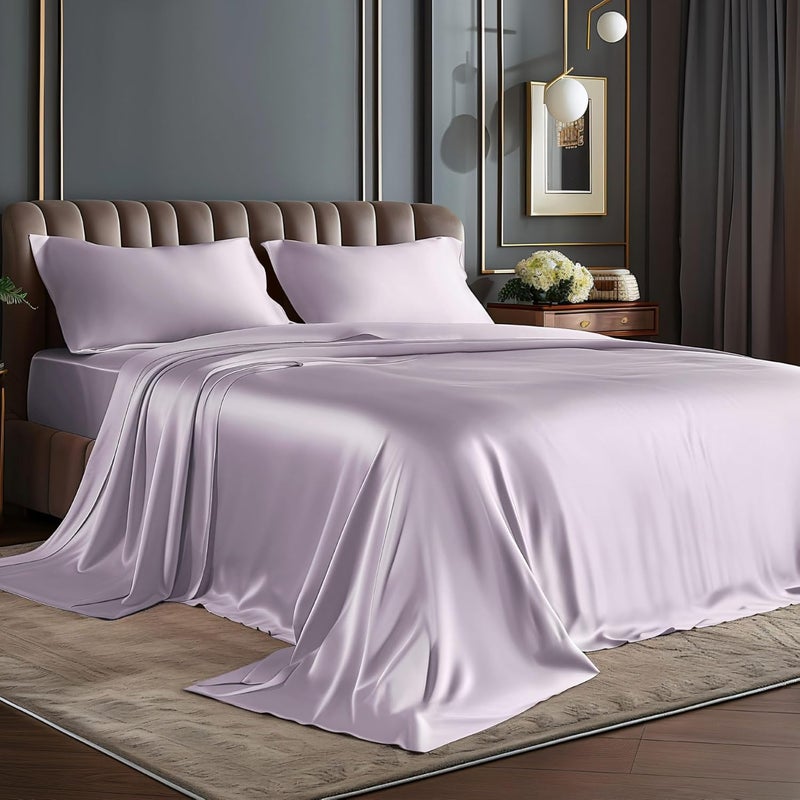 BEDELITE Satin Sheets Queen Size Bed Set, Luxury Soft Lavender Silky Sheets for Hair and Skin, Similar to Silk Bed Sheets Set 4 Pieces with 1 Deep Pocket Fitted Sheet, 1 Flat Sheet, and 2 Pillowcases - Image 1