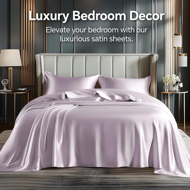 BEDELITE Satin Sheets Queen Size Bed Set, Luxury Soft Lavender Silky Sheets for Hair and Skin, Similar to Silk Bed Sheets Set 4 Pieces with 1 Deep Pocket Fitted Sheet, 1 Flat Sheet, and 2 Pillowcases - Image 2
