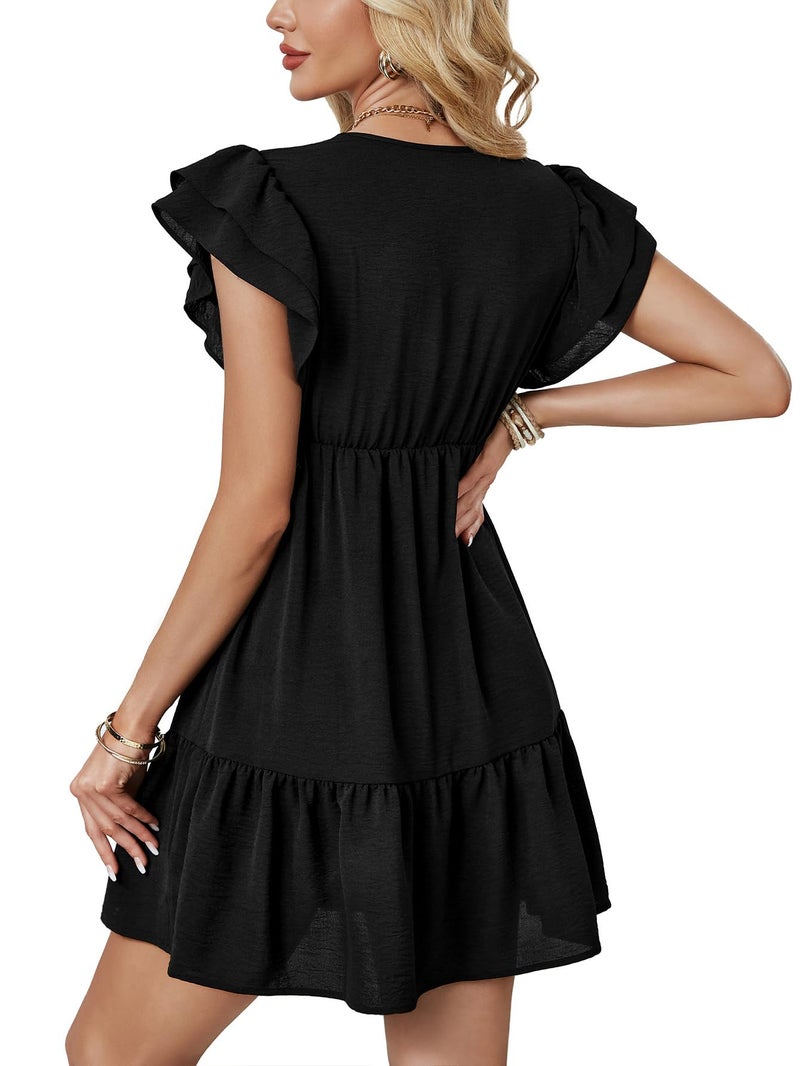 LYANER Women's Deep V Neck Ruffle Short Sleeve A Line Swing Flared Cocktail Party Mini Dress Black Small - Image 5