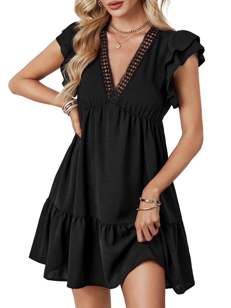LYANER Women's Deep V Neck Ruffle Short Sleeve A Line Swing Flared Cocktail Party Mini Dress Black Small - Image 3