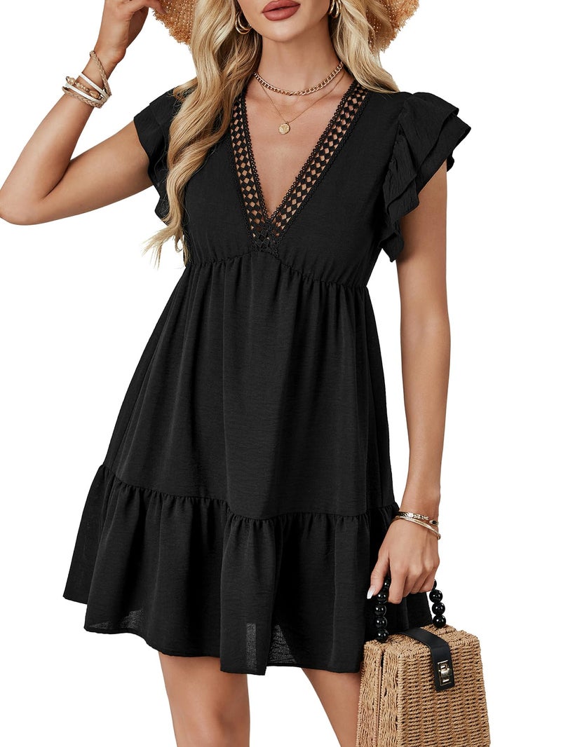 LYANER Women's Deep V Neck Ruffle Short Sleeve A Line Swing Flared Cocktail Party Mini Dress Black Small - Image 2