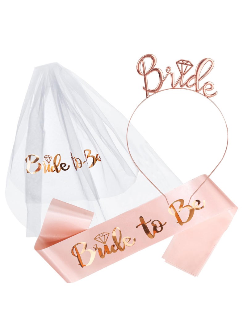 4-Pack Bride to Be Decoration Set, Bride Sash, Headband Tiara, Shoulder Length Veil, Decorative Stickers, Bride to Be Gifts Decorations Wedding（Rose gold）  - Image 1