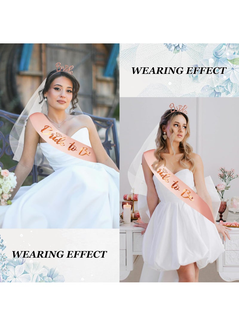 4-Pack Bride to Be Decoration Set, Bride Sash, Headband Tiara, Shoulder Length Veil, Decorative Stickers, Bride to Be Gifts Decorations Wedding（Rose gold）  - Image 5