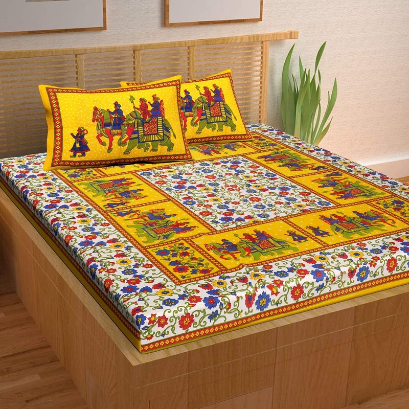 BedZone 100% Pure Cotton Printed King Size Double Bed Bedsheet with 2 Pillow Cover, Yellow) - Image 1