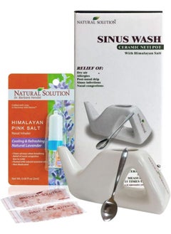 Natural Solution Natural Solution Himalayan Pink Salt Ceramic Neti Pot Sinus Rinse with Pink Salt Nasal Inhaler, Refreshing and Relaxing Sinus Pressure Relief (Gift Set 2 Pieces) 