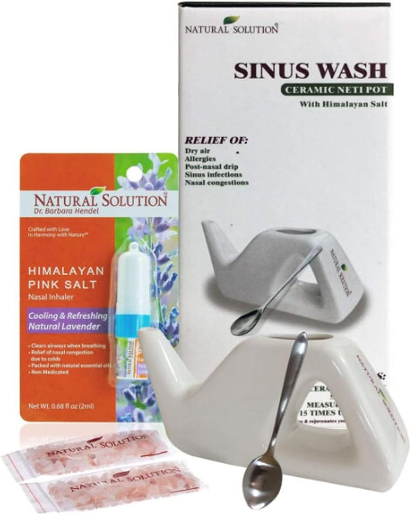 Natural Solution Natural Solution Himalayan Pink Salt Ceramic Neti Pot Sinus Rinse with Pink Salt Nasal Inhaler, Refreshing and Relaxing Sinus Pressure Relief (Gift Set 2 Pieces) 