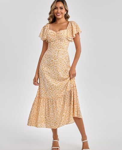 GLNEGE Women's 2026 Summer Midi Floral Boho Dresses Casual Flowy Beach Short Sleeve Dress Ruffle Hem Smocked Sundresses - Image 4