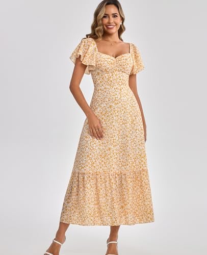 GLNEGE Women's 2026 Summer Midi Floral Boho Dresses Casual Flowy Beach Short Sleeve Dress Ruffle Hem Smocked Sundresses - Image 2