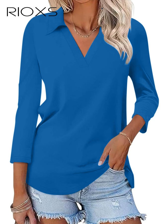 RIOXS Women's 3/4 Length V Neck Polo Shirts, Trendy Loose Fit Collared Sweatshirt for Ladies, Business Casual Pullover Blouse, Flowy Tunic Blouses, Comfortable Lightweight Winter Fall Outfits for Office, Party, School, Running, Sport, Gym and More, Blue - Image 1